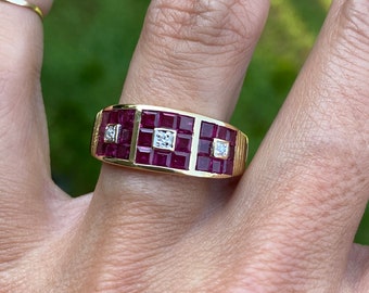 Square Step Cut Ruby Round Diamond 18K Wedding Anniversary Band Ring Yellow Gold