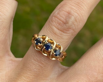 Round Blue Synthetic Sapphire Trilogy Cocktail Ring 14K Yellow Gold