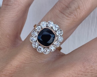 Genuine Cushion Cut Blue Sapphire Old Mine Cut Diamond Cocktail or Engagement Ring 18k Yellow Gold and White Gold