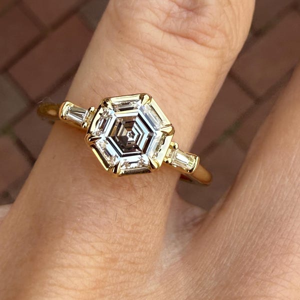 Step Cut Hexagon 1.00ct Lab Grown Diamond Bezel Set Solitaire Engagement Ring 14k Yellow Gold