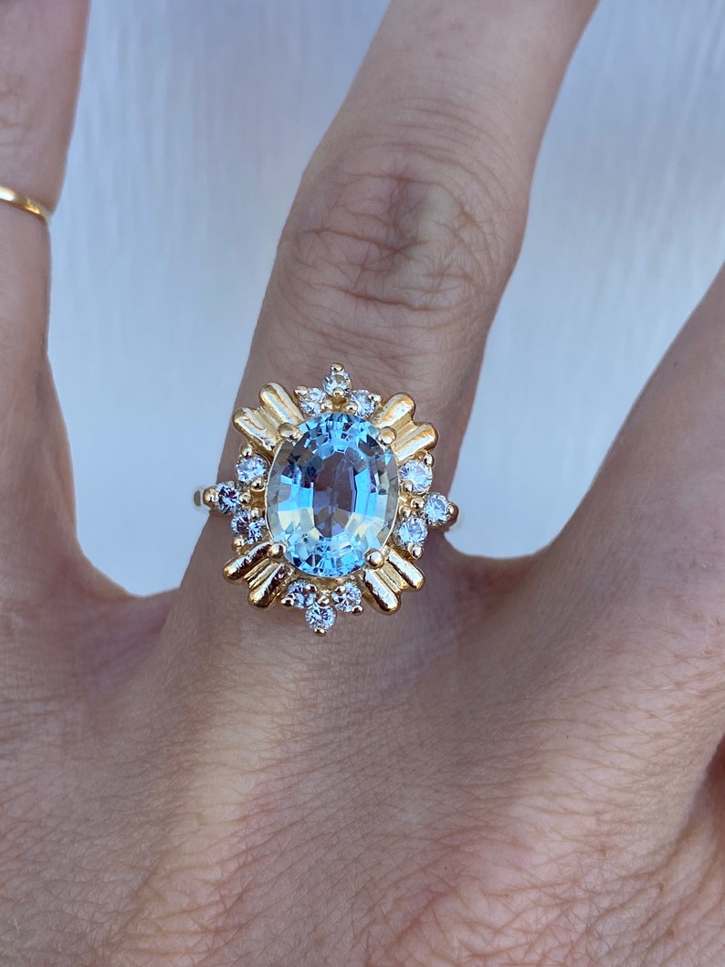 Oval Step Cut Blue Topaz Round Diamond 14K Yellow Gold Ring image 3