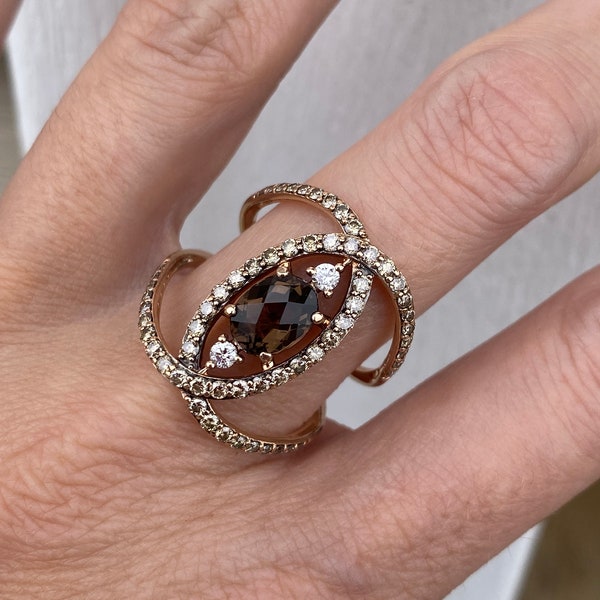 LeVian Checkerboard Cut Oval Smoky Quartz Chocolate Brown And White Diamonds 14k Rose Gold Ring