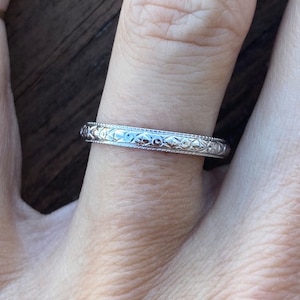 Vintage Estate Hand Engraved Eternity Stacking Stackable Wedding Anniversary 18k White Gold Band Ring