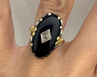 Vintage Estate Black Onyx Single Cut Diamond Flower Cocktail Ring 10K Green and Rose Yellow Gold