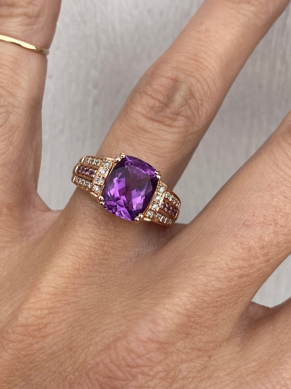 Cushion Cut Rose Amethyst Diamond Ornate Ring 14K 