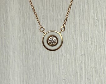 Bezel Set Round Brilliant Cut Diamond Solitaire White Enamel Target Pendant 14K Yellow Gold 16" 17" to 18" Adjustable Chain Necklace