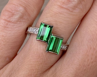 Toi Et Moi 2.13ct Natural Green Tourmaline Diamond Ring Platinum Ring