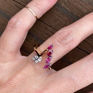 Unique Marquise Ruby Diamond Cocktail Ring 18k Yellow Gold Band