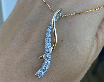 Very Sparkly Round Graduated Diamond Long Journey Pendant 14K Yellow Gold and White Gold Two Tone with 18" Box Chain Necklace