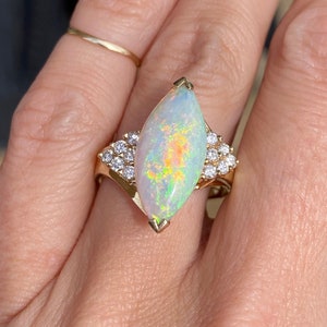 Marquise Opal Round Diamond 14k Yellow Gold Ring