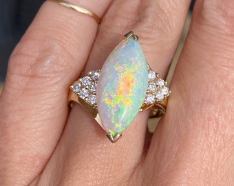 Marquise Opal Round Diamond 14k Yellow Gold Ring