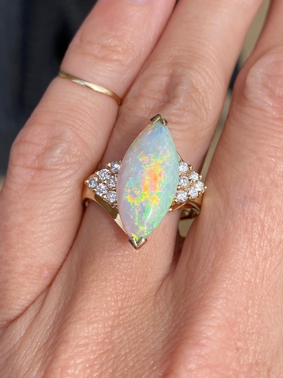 Marquise Opal Round Diamond 14k Yellow Gold Ring