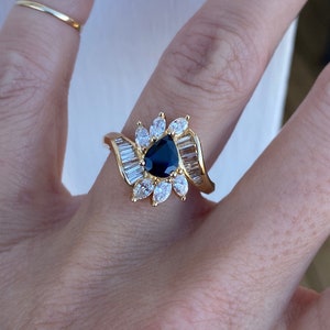 Genuine Pear Shape Blue Sapphire Baguette Marquise Diamond Engagement Cocktail Ring 14k Yellow Gold