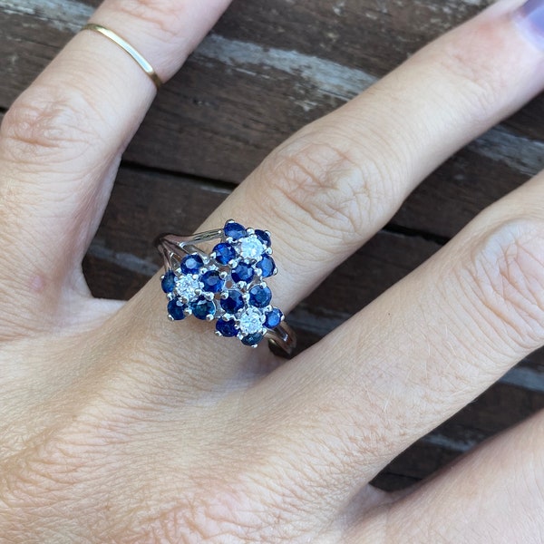 Round Blue Sapphire Round Diamond Flower Floral Cocktail Ring 14K White Gold