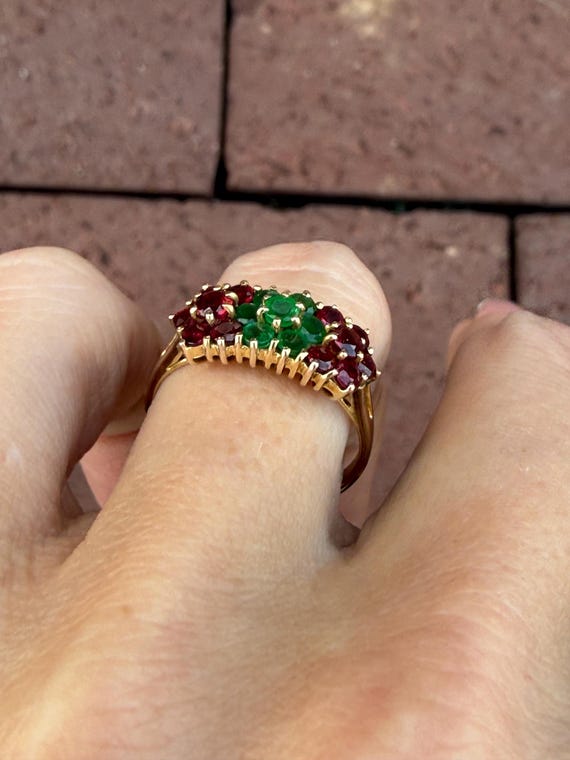 Natural Round Ruby Emerald Cluster Cocktail Ring … - image 8