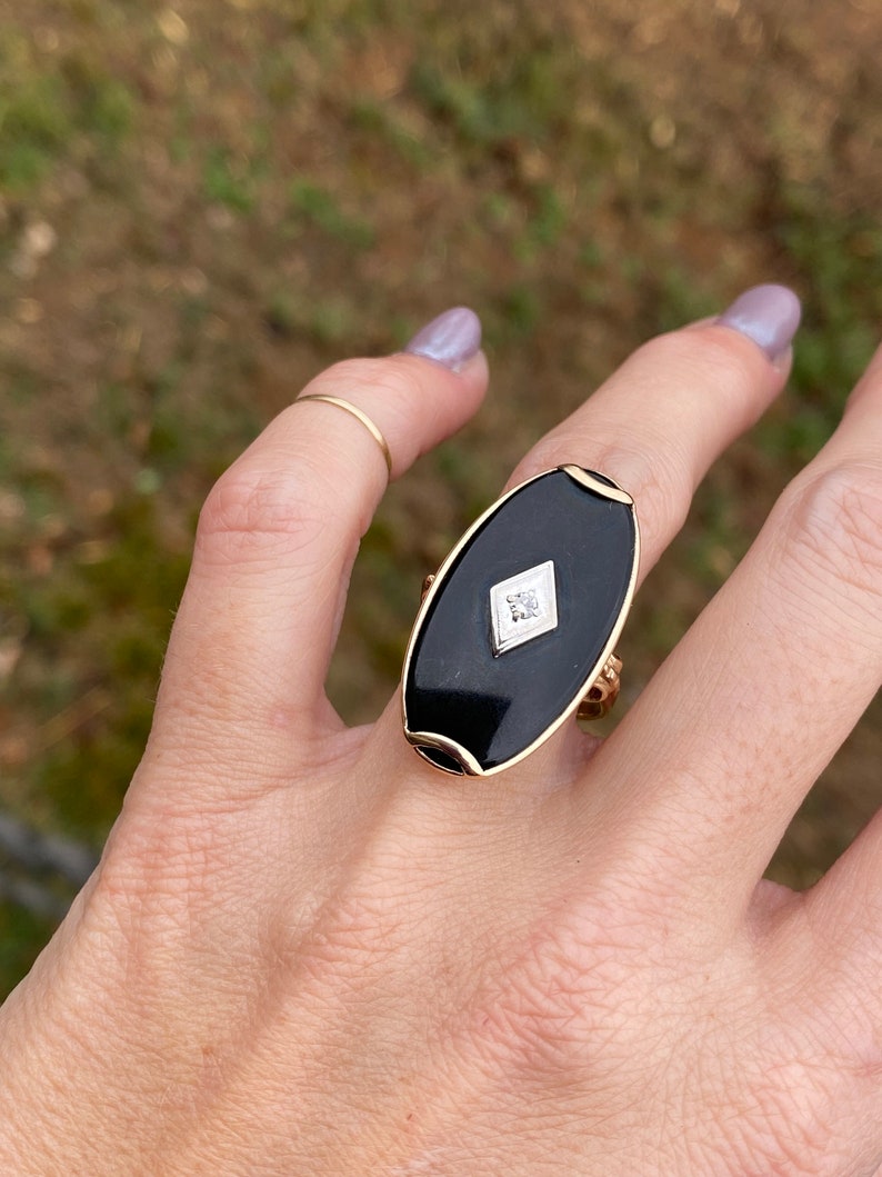 Vintage Estate Large Black Onyx Single Cut Diamond Oval Plaque Hand Engraved Cocktail Ring 10K Yellow Gold image 4