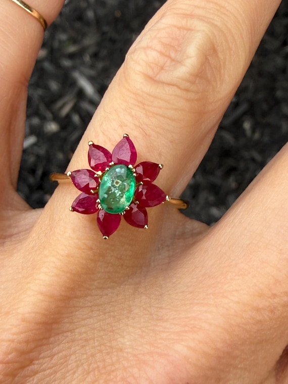 Natural Pear Ruby Oval Emerald Cluster Cocktail R… - image 10