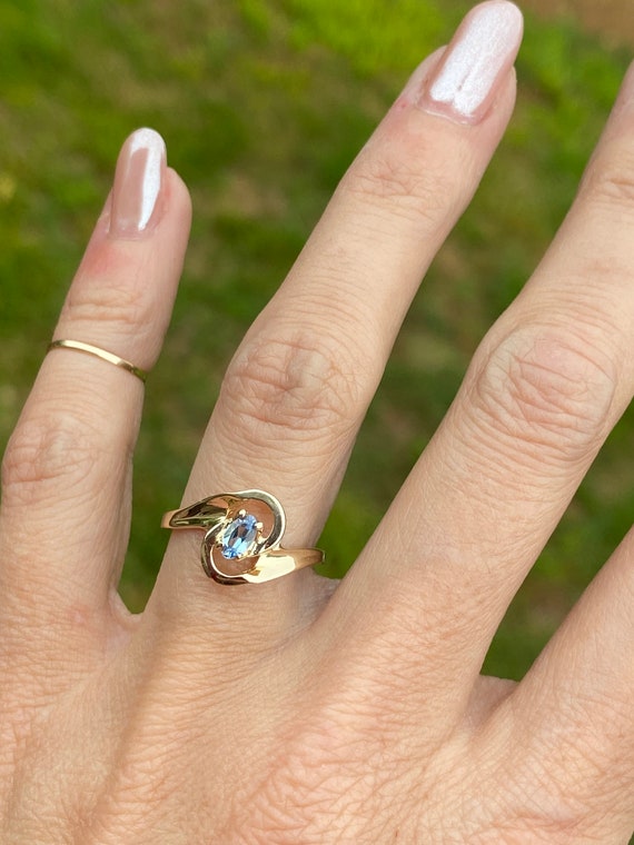 Oval Blue Topaz Solitaire Ring 14k Yellow Gold - image 5