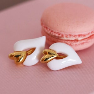 Vintage Weiß & Gold Herz Ohrclips - Vintage Herz Ohrringe - Herzförmige Ohrringe