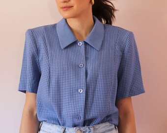 Deadstock Vintage Blue & Periwinkle Checkered Short Sleeved Shirt - Shirt with Shoulder Pads -  Vintage Women's Button Down Shirt