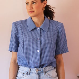 Deadstock Vintage Blue & Periwinkle Checkered Short Sleeved Shirt Shirt with Shoulder Pads Vintage Women's Button Down Shirt image 1