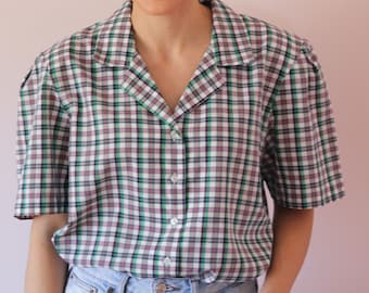 Vintage Pink and Green Plaid Shirt - Women's Plaid Shirt - Vintage Spring Shirt - Vintage Blouse