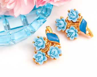 Vintage Blue Floral Clip-on Earrings - 1950's Earrings - Carved Celluloid Flower Earrings - Bright Blue Flower Earrings