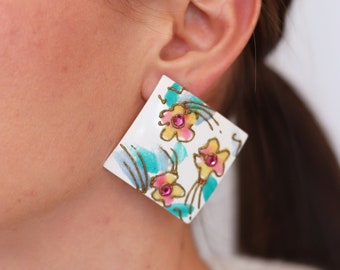 Vintage Colourful Flower Statement Pierced Earrings - Floral Statement Earrings - Spring Earrings