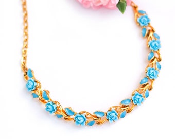 Vintage Blue Floral Necklace - 1950s Necklace - Celluloid Flower Necklace