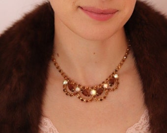 Vintage Brown & Aurora Borealis Rhinestone Necklace - Brown Necklace - Vintage Rhinestone Necklace - 60's Necklace