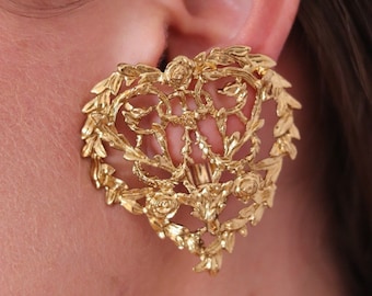 Vintage YSL Heart Earrings - Vintage Yves Saint Laurent Heart Rose Earrings - YSL Statement Clip-on Earrings
