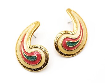 Vintage Colourful Swirl Earrings Pierced Earrings - Vintage Enamel Earrings - Pink and Green Earrings