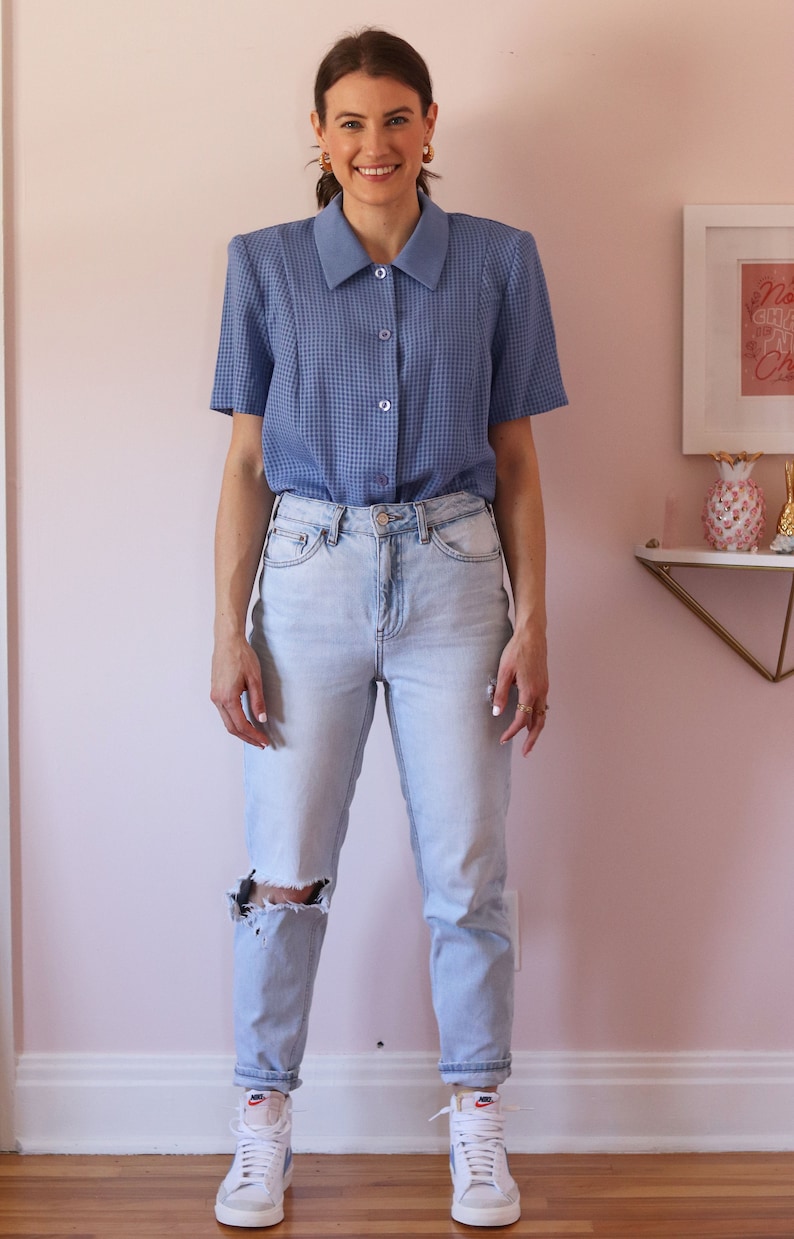 Deadstock Vintage Blue & Periwinkle Checkered Short Sleeved Shirt Shirt with Shoulder Pads Vintage Women's Button Down Shirt image 7
