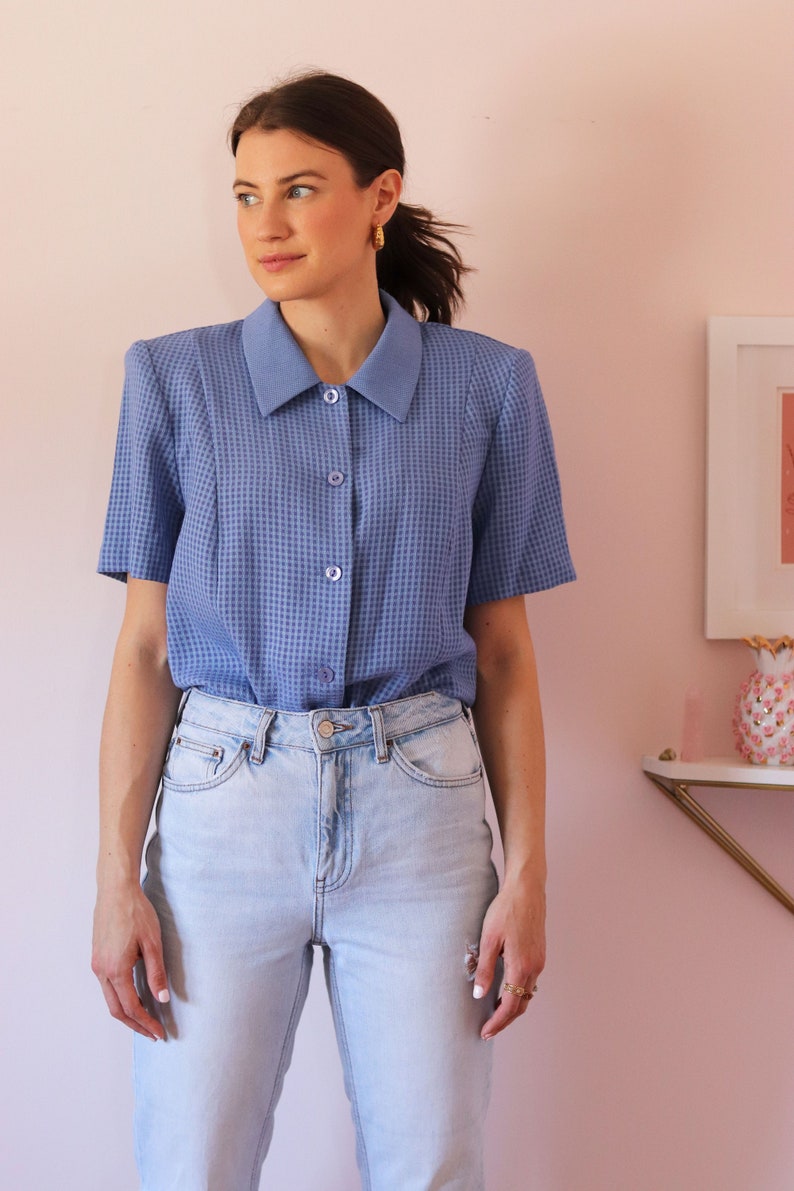 Deadstock Vintage Blue & Periwinkle Checkered Short Sleeved Shirt Shirt with Shoulder Pads Vintage Women's Button Down Shirt image 1