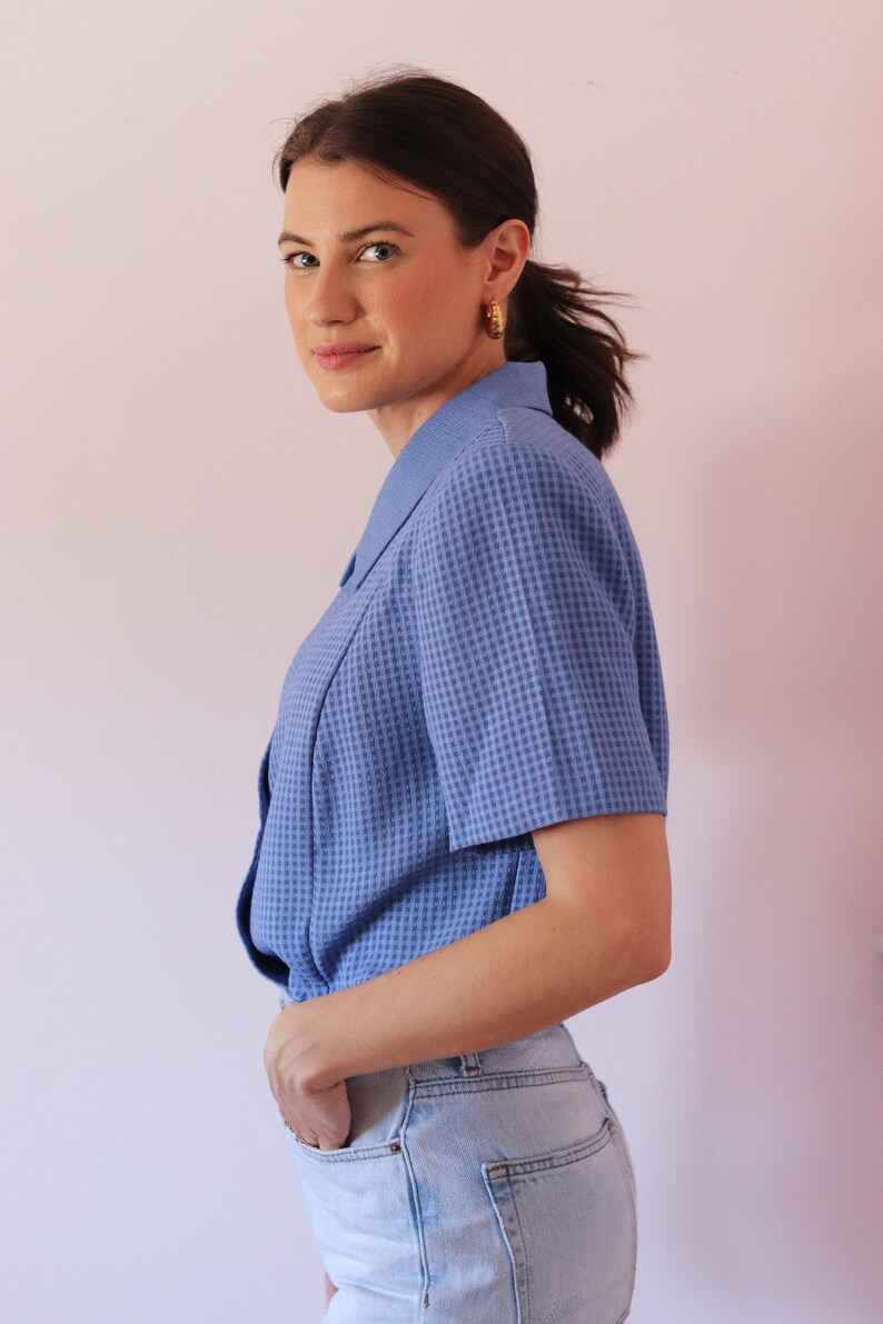 Deadstock Vintage Blue & Periwinkle Checkered Short Sleeved Shirt Shirt with Shoulder Pads Vintage Women's Button Down Shirt image 4