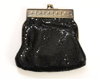 Vintage Fiona Black Sequin Meshy Evening Bag - Vintage Purse - Sparkly Black Purse - Crossbody Bag