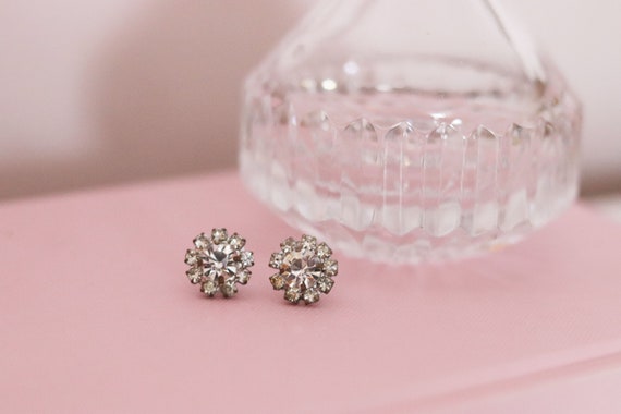 Vintage Rhinestone Halo Pierced Earrings - Rare Pi