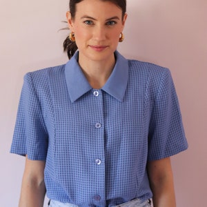 Deadstock Vintage Blue & Periwinkle Checkered Short Sleeved Shirt Shirt with Shoulder Pads Vintage Women's Button Down Shirt image 5