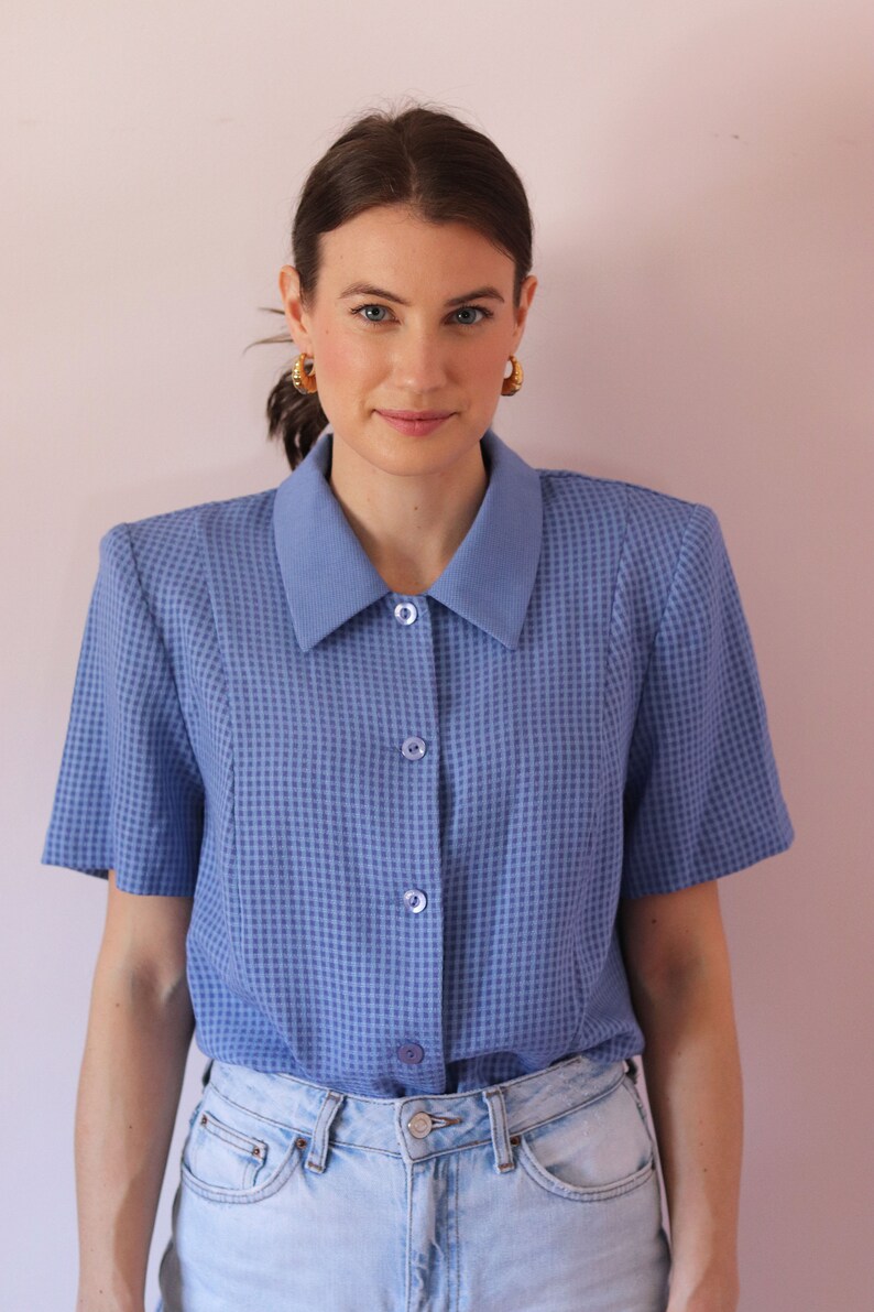 Deadstock Vintage Blue & Periwinkle Checkered Short Sleeved Shirt Shirt with Shoulder Pads Vintage Women's Button Down Shirt image 5