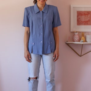 Deadstock Vintage Blue & Periwinkle Checkered Short Sleeved Shirt Shirt with Shoulder Pads Vintage Women's Button Down Shirt image 6