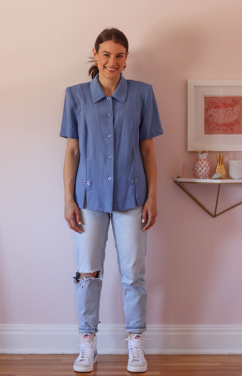 Deadstock Vintage Blue & Periwinkle Checkered Short Sleeved Shirt Shirt with Shoulder Pads Vintage Women's Button Down Shirt image 6
