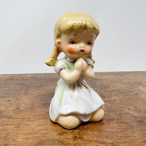 Vintage Ucagco praying girl,  Bell Figurine in blue dress with green trim