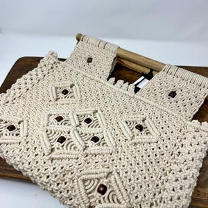 Macrame Tote Bag with Wooden Handle: Cotton Beach Shopper