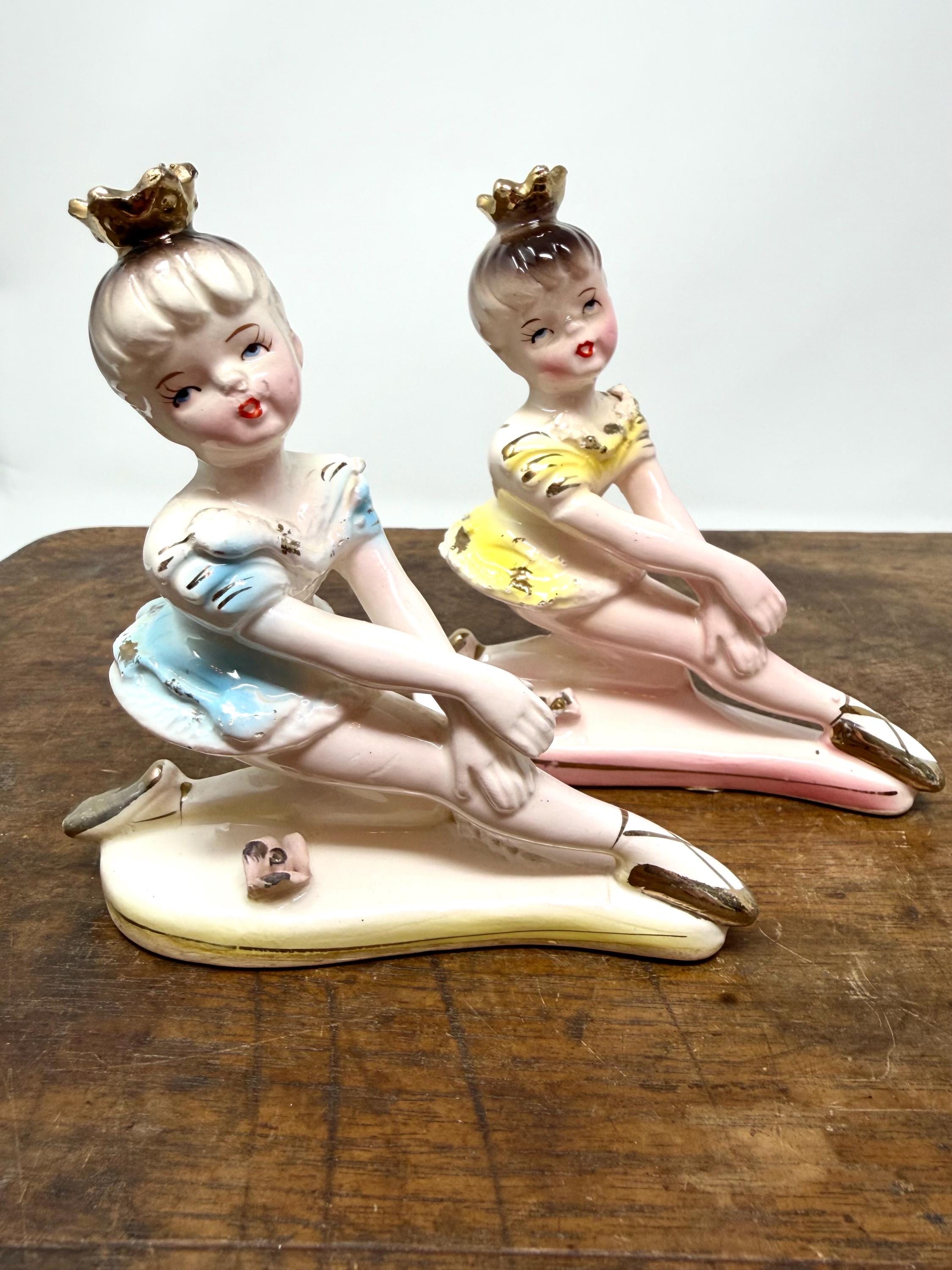 Vintage Ceramic Ballerina Figurines, Gold Accents, Mid-Century Decor