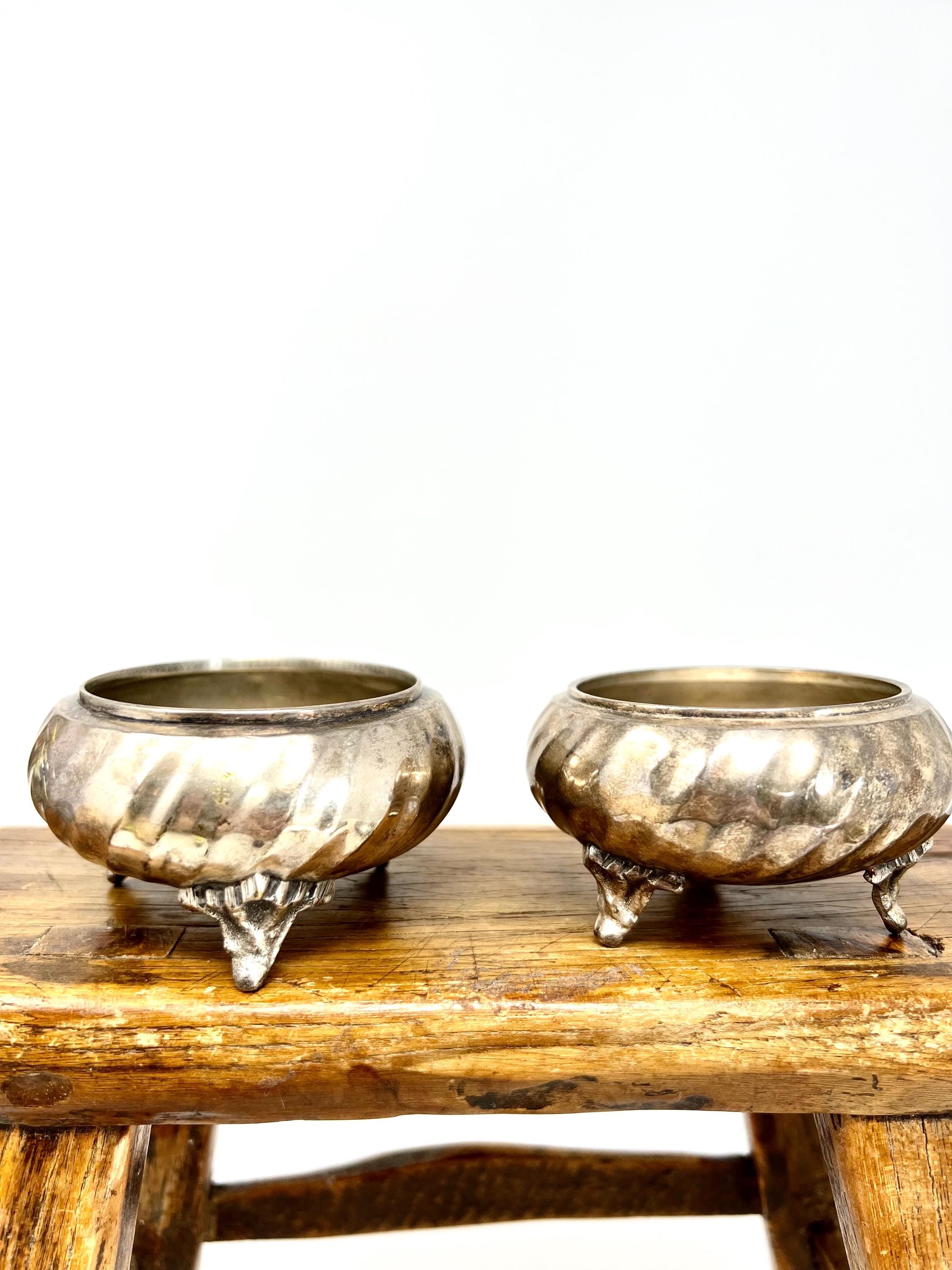 3 footed vintage silver plated salt cellars pair