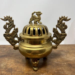 20th Century Brass Chinese Censer, Dragon Handles, Pixui Finial, Incense Burner