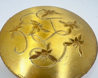 Gold Floral 4" Compact Powder Etched Flowers Round Mirror Vintage