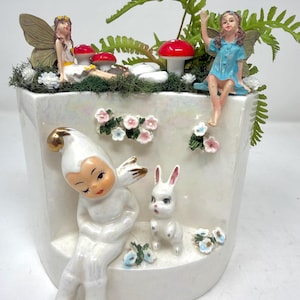 Vintage Fairy Garden Planter, Elf and Bunny Ceramic Planter, Mid Century Fantasy Planter, Pixie Mushroom Scene, Whimsical Cottage Decor