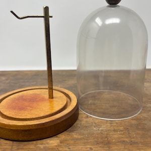 Round Antique Glass Dome Pocket Watch Display with a Wooden Base and owner info on bottom…adds interest