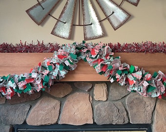 Rag Tie Garland for Christmas, Farmhouse Chic Mantel Decor, Christmas Banner, Festive Holiday Table Decor, Banister Garland